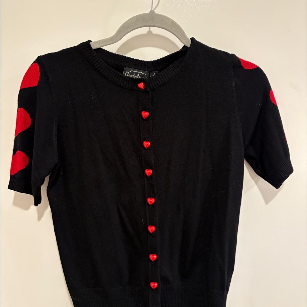 NWT Voodoo Vixen Black Short Sleeve Cardigan with Red Heart Details Size Small